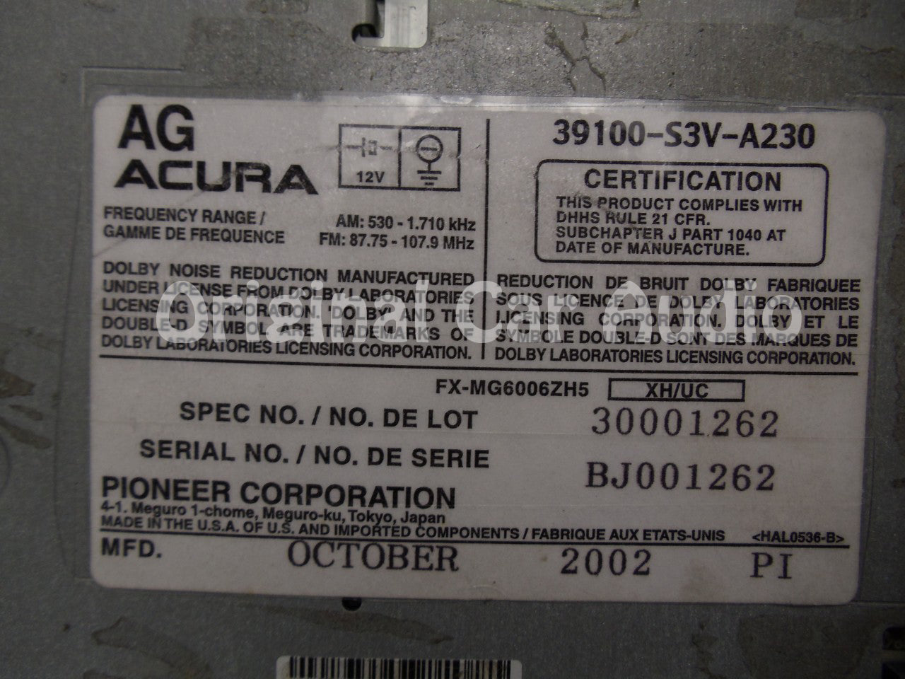 ACURA MDX Radio Stereo Tape 6 Disc Changer CD Player 3TF5 3TF3 BOSE 2001 2002 2003 2004 39100-S3V-A210, 39100-S3V-A220, 39100-S3V-A230, 39100-S3V-A240 01 02 03 04