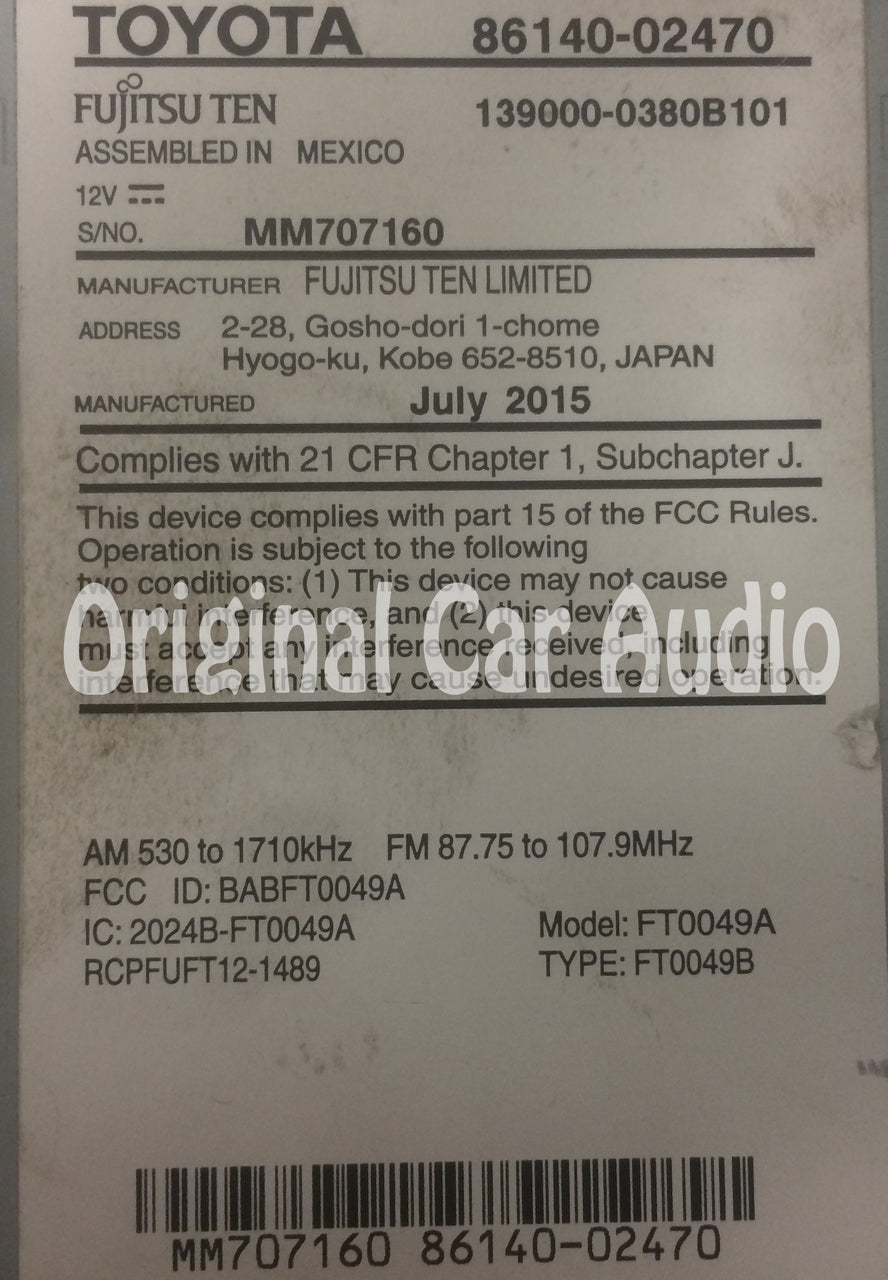 2014 2015 2016 TOYOTA COROLLA OEM HD AM FM XM Radio CD MP3 Player Touchscreen Bluetooth Receiver
