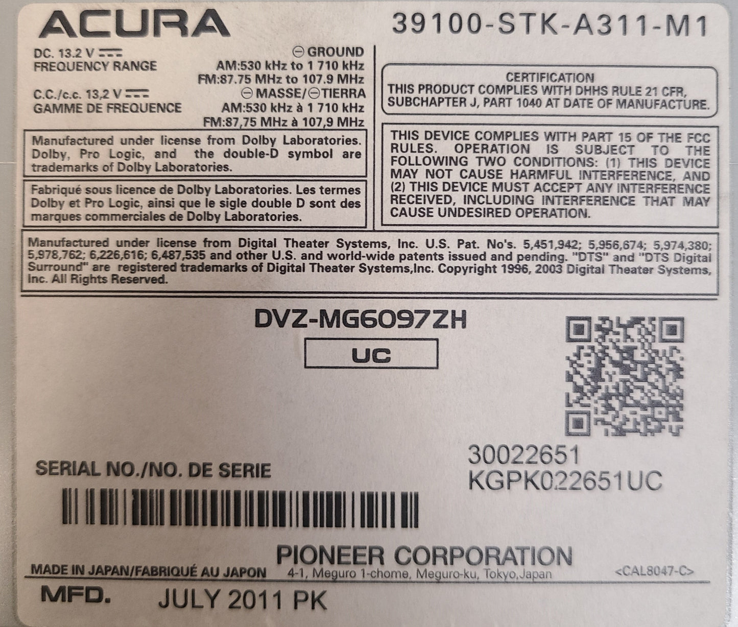 10 11 12 Acura RDX XM Radio DVD MP3 WMA 6 CD Disc Changer AUX 3PR2