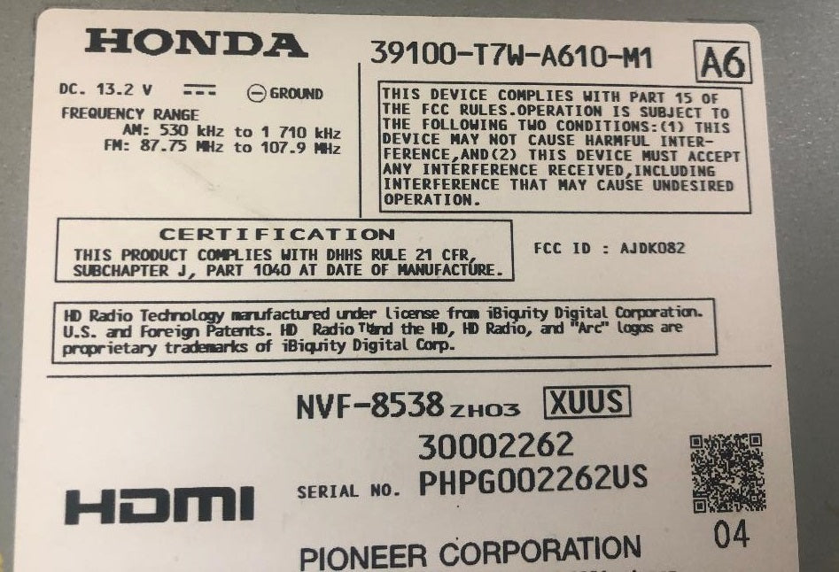 2016 - 2018 Honda HR-V OEM Touch Screen Navigation Radio CD Player Receiver 3TP5