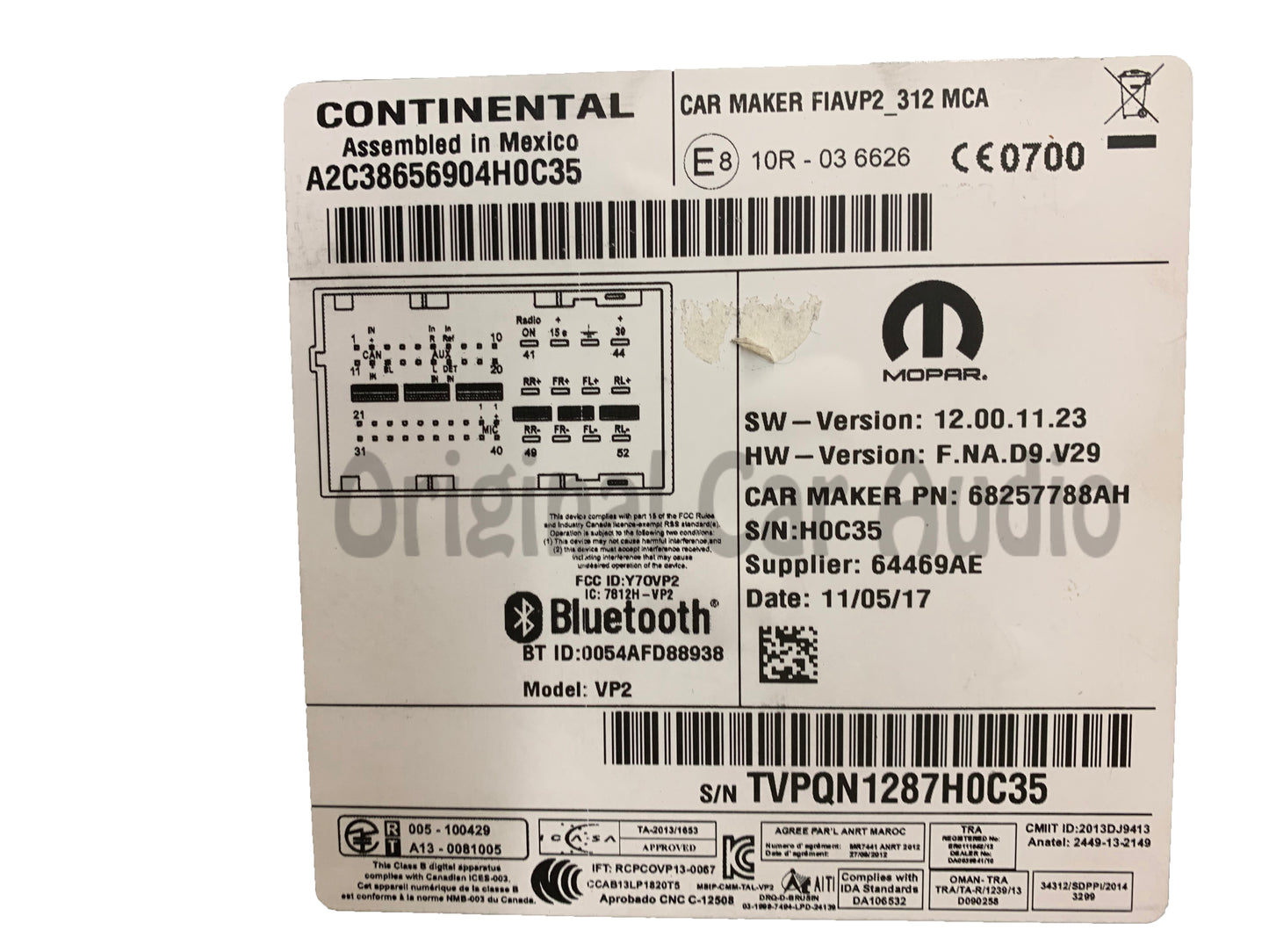 2016 - 2019 Fiat 500 OEM Radio Receiver VP2 AM FM Multi Media