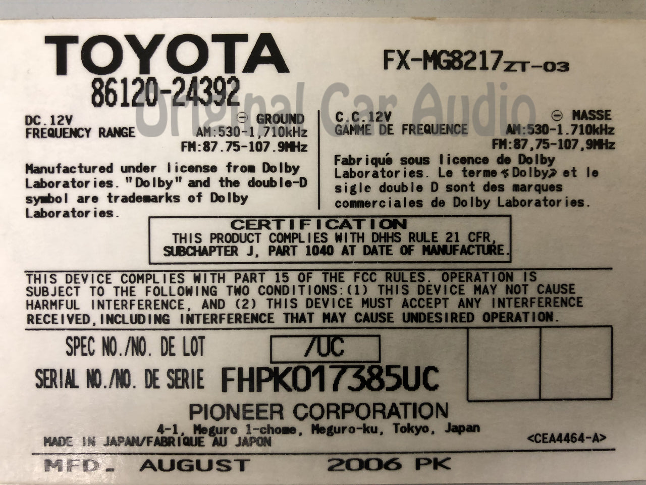 2005 - 2010 Lexus SC430 Radio Tape Mark Levinson Radio 6 CD Changer P6846