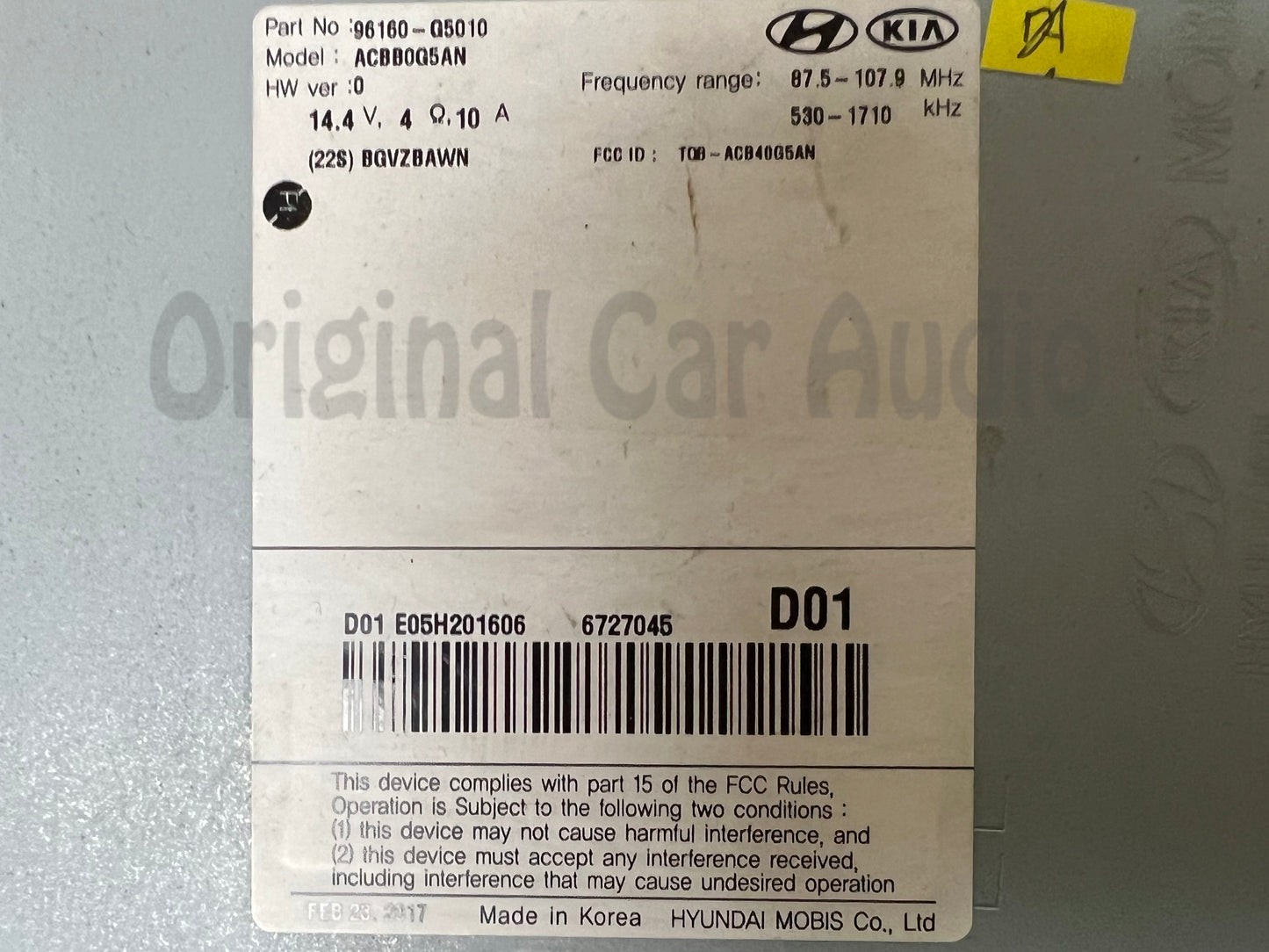2017 - 2019 Kia Niro Radio Receiver Display Screen AM FM XM 96160-G5010