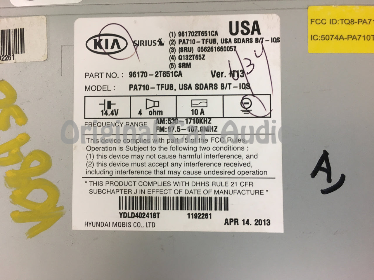 2011 - 2013 Kia Optima OEM Infinity Single CD AM FM MP3 SAT Radio BLACK