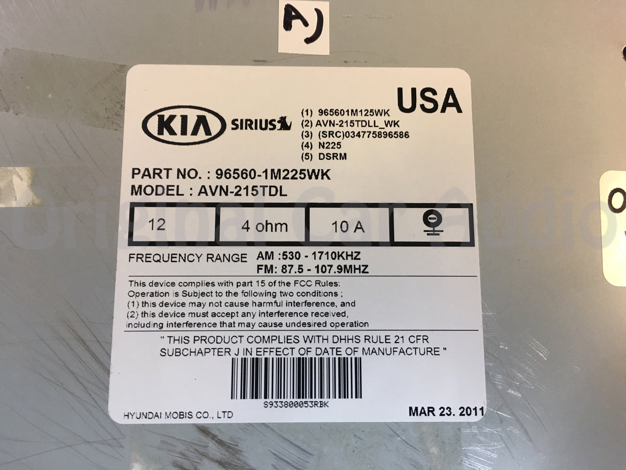 2011 - 2013 Kia Forte Navigation GPS Bluetooth MP3 Single CD 965601M125WK