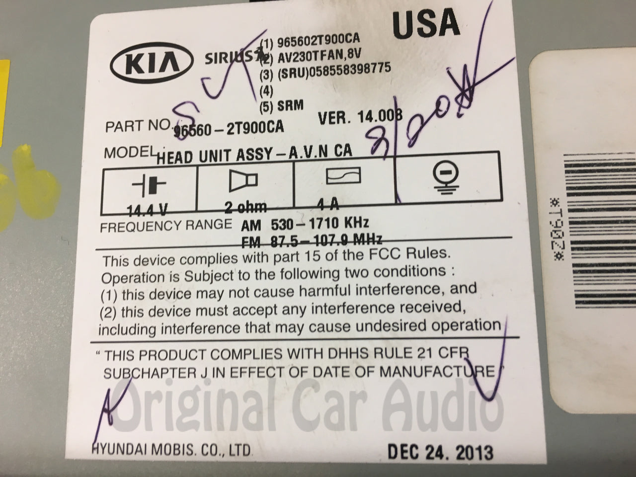 Refurbished 2014 - 2015 Kia Optima OEM Touch Screen GPS Navigation AM FM SAT Radio Receiver