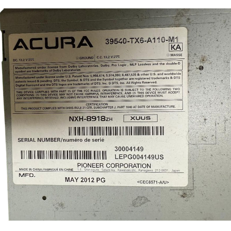 2013 - 2015 Acura ILX with factory navigation, Radio Stereo Receiver CD player