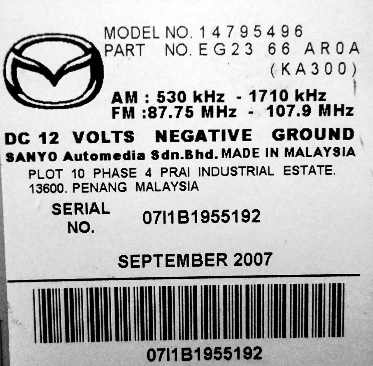 07 08 09 Mazda CX-7 XM Radio CD Player EG2366AR0A