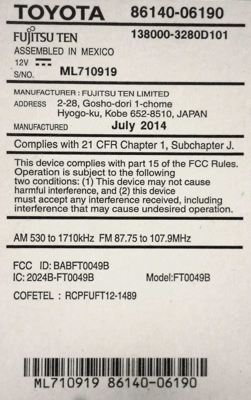 TOYOTA Camry Radio AUX USB Bluetooth CD Player 100201