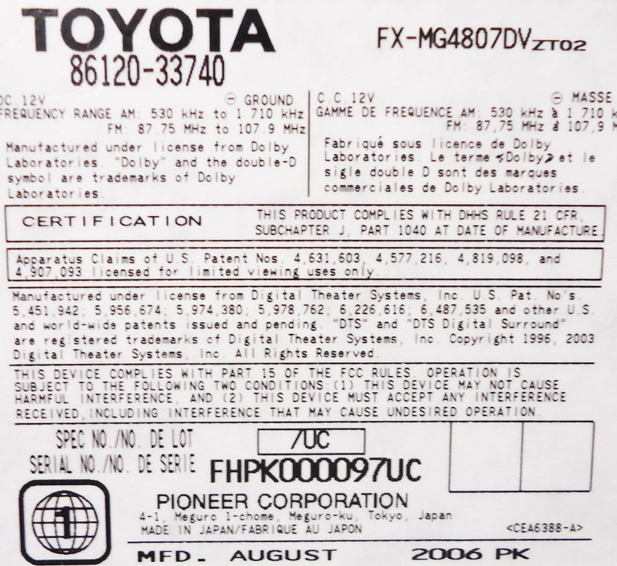 07 08 09 Lexus ES350 MARK LEVINSON Radio Tape 6 Disc Player CD Changer 86120-33740, P1505