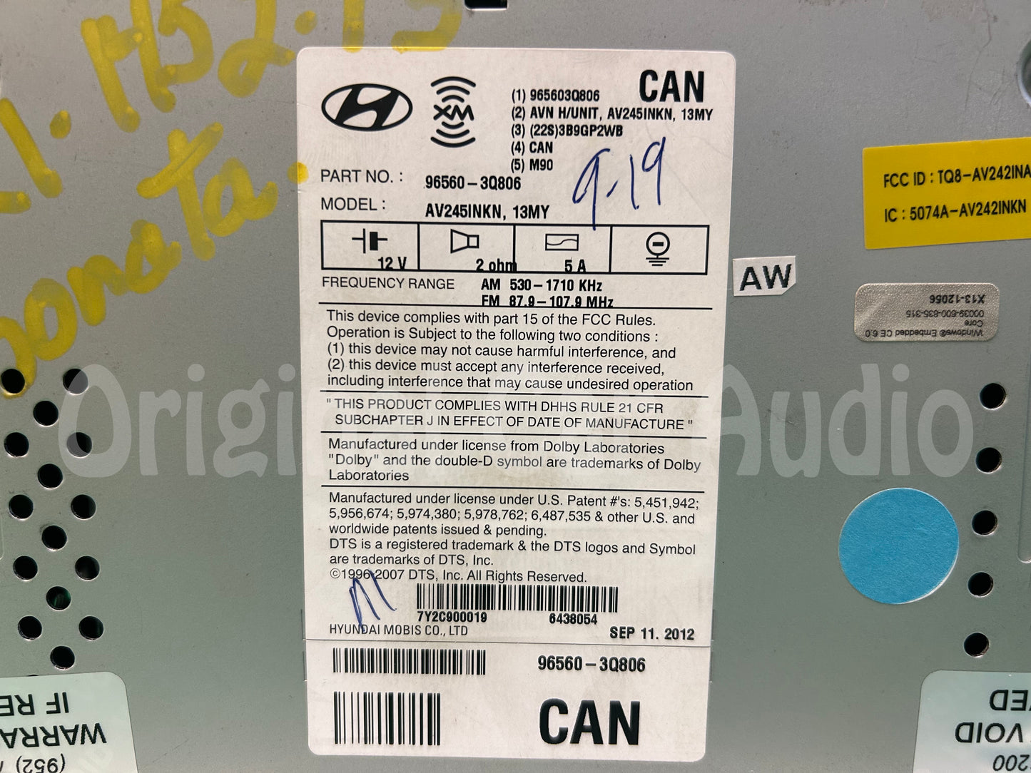 Refurbished 2011-2013 Hyundai Sonata AM FM SAT MP3 Radio Navigation Bluetooth Screen 96560-3Q806