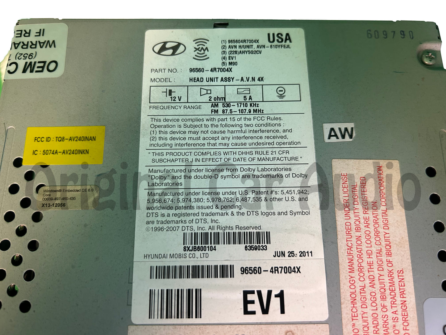 Refurbished 2011 - 2015 Hyundai Sonata Hybrid OEM Infinity Touch Screen Navigation Bluetooth Radio Media Receiver