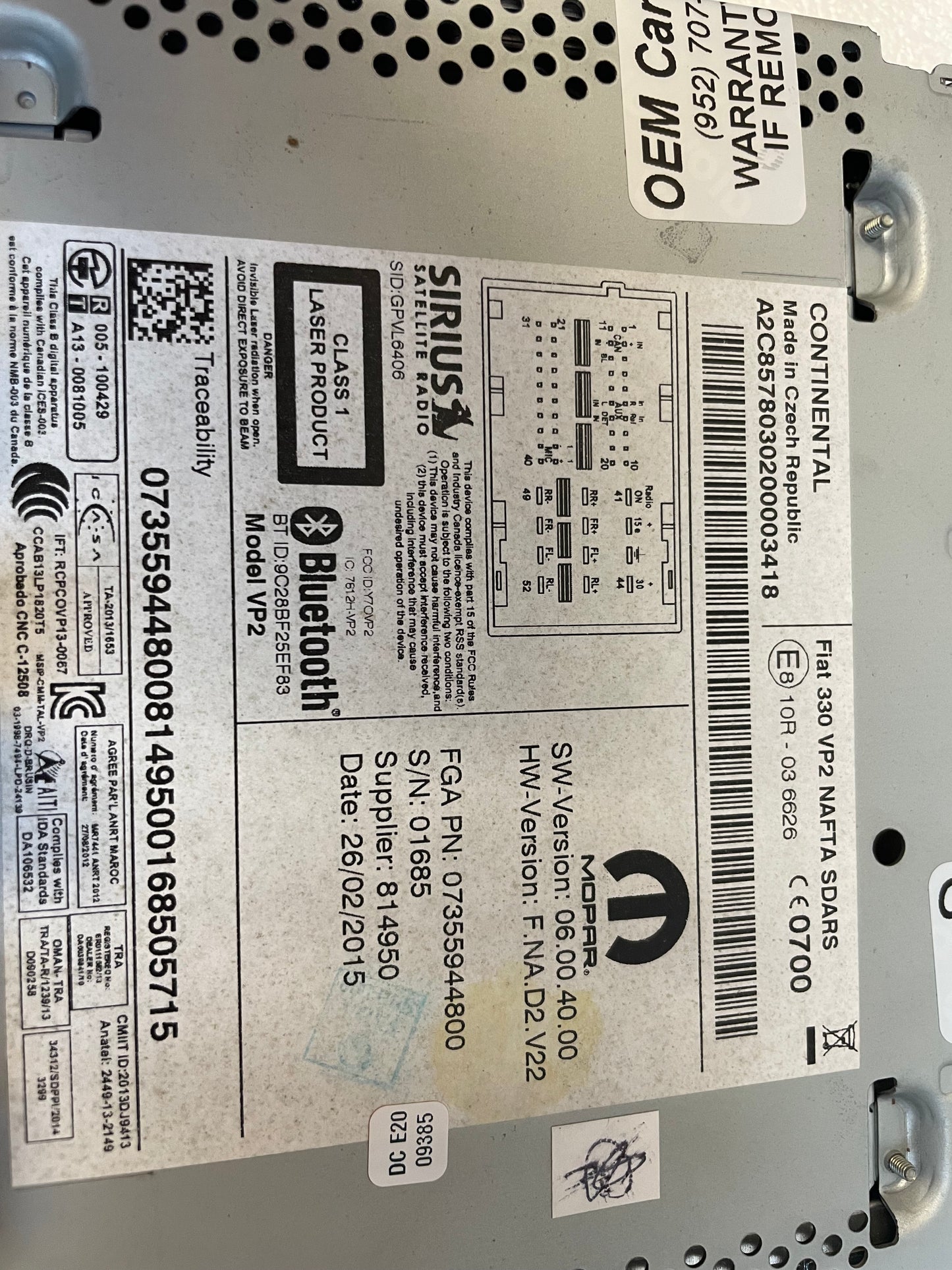14-15 Fiat 500 OEM VP2 UConnect AM FM Radio