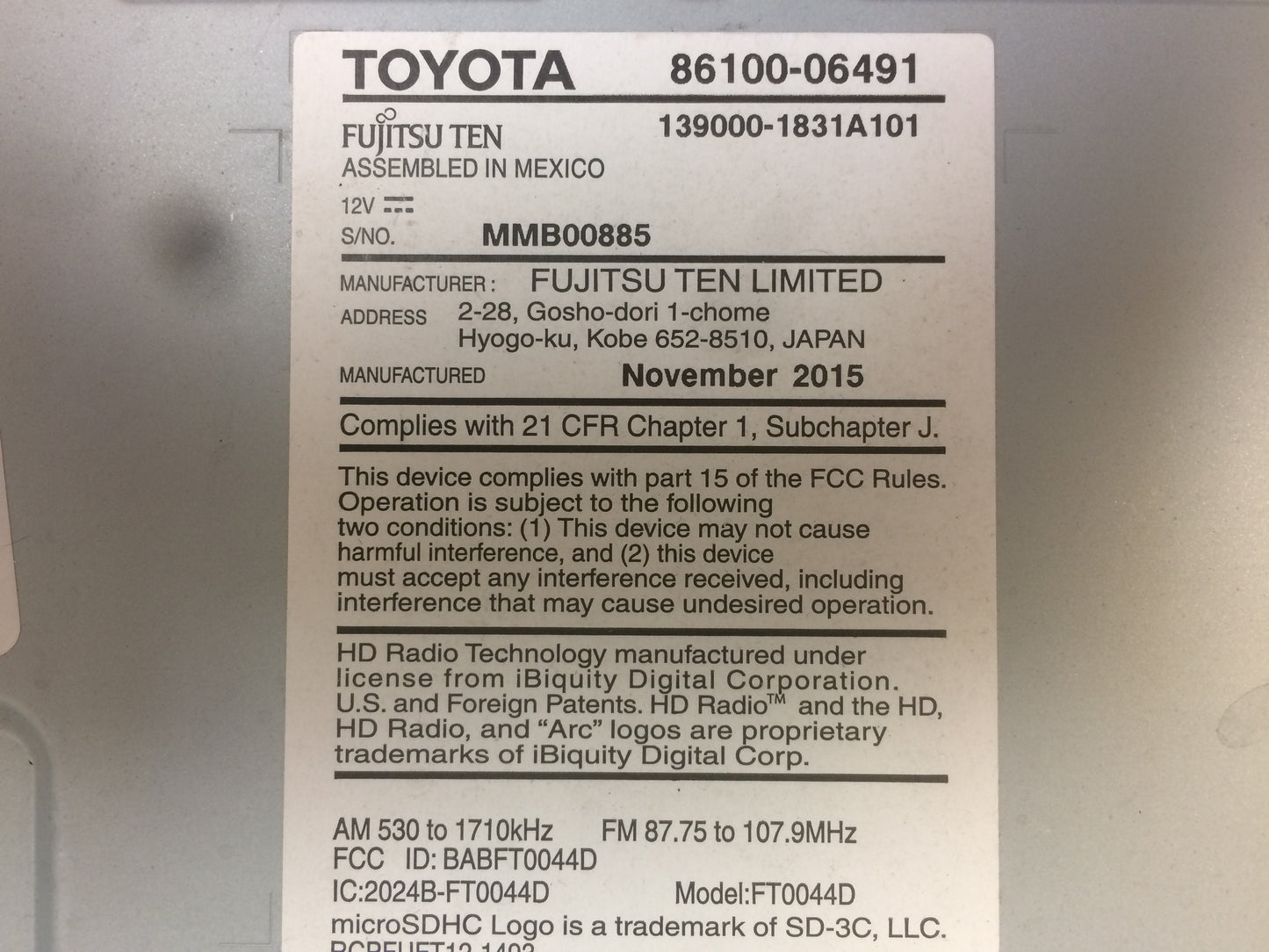 Refurbished 2015 - 2017 Toyota Camry OEM Gracenote Touch Screen Display AM FM Radio Receiver 100613