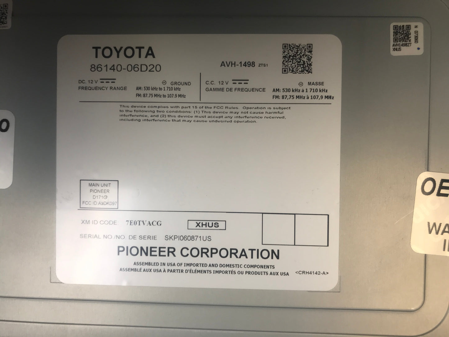 2018-2020 Toyota Camry OEM Navigation Gracenote Entune AM FM XM Radio Receiver