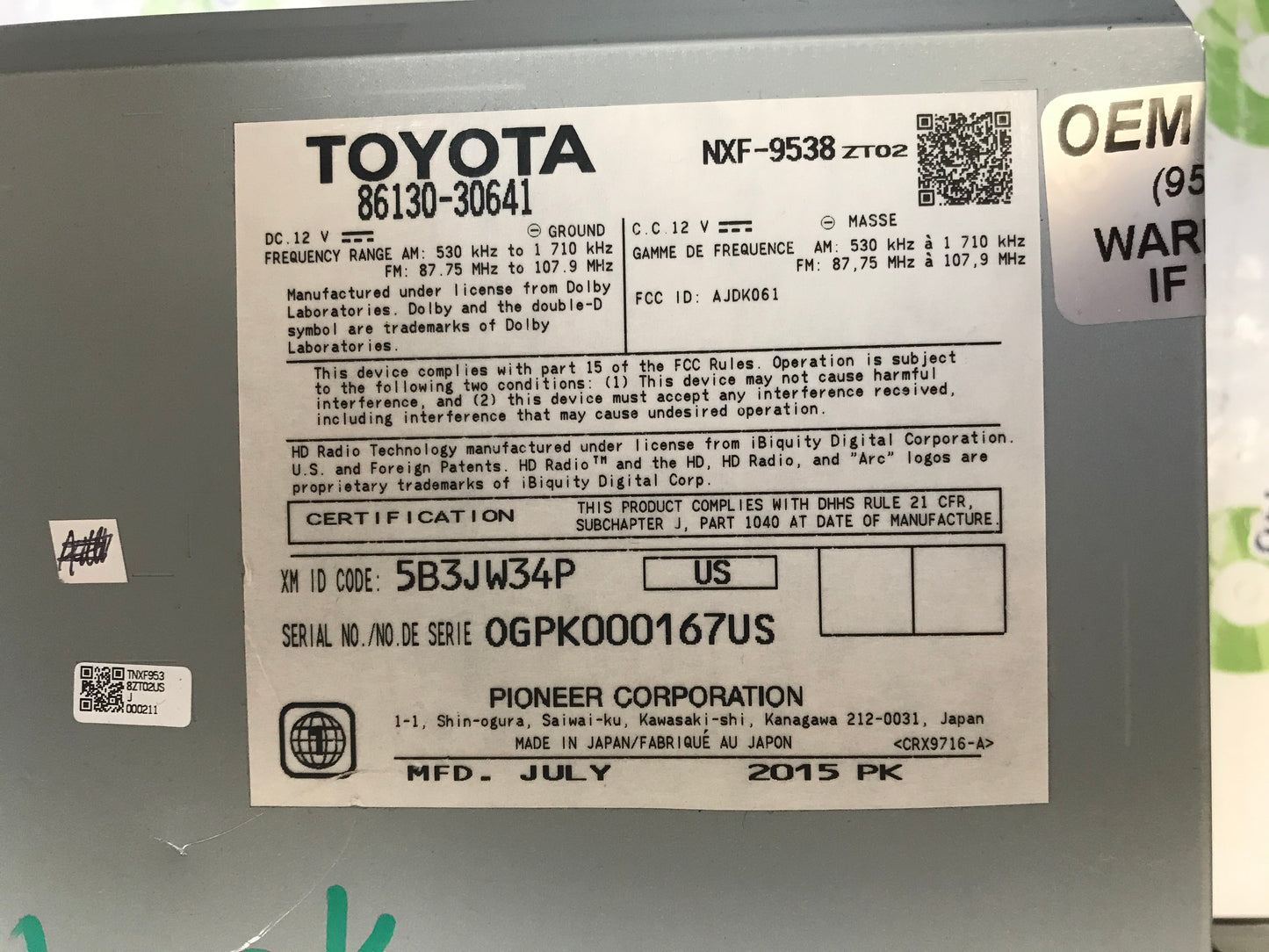 2015 Lexus GS350 OEM Gracenote Navigation XM HD Radio Media Receiver P10824