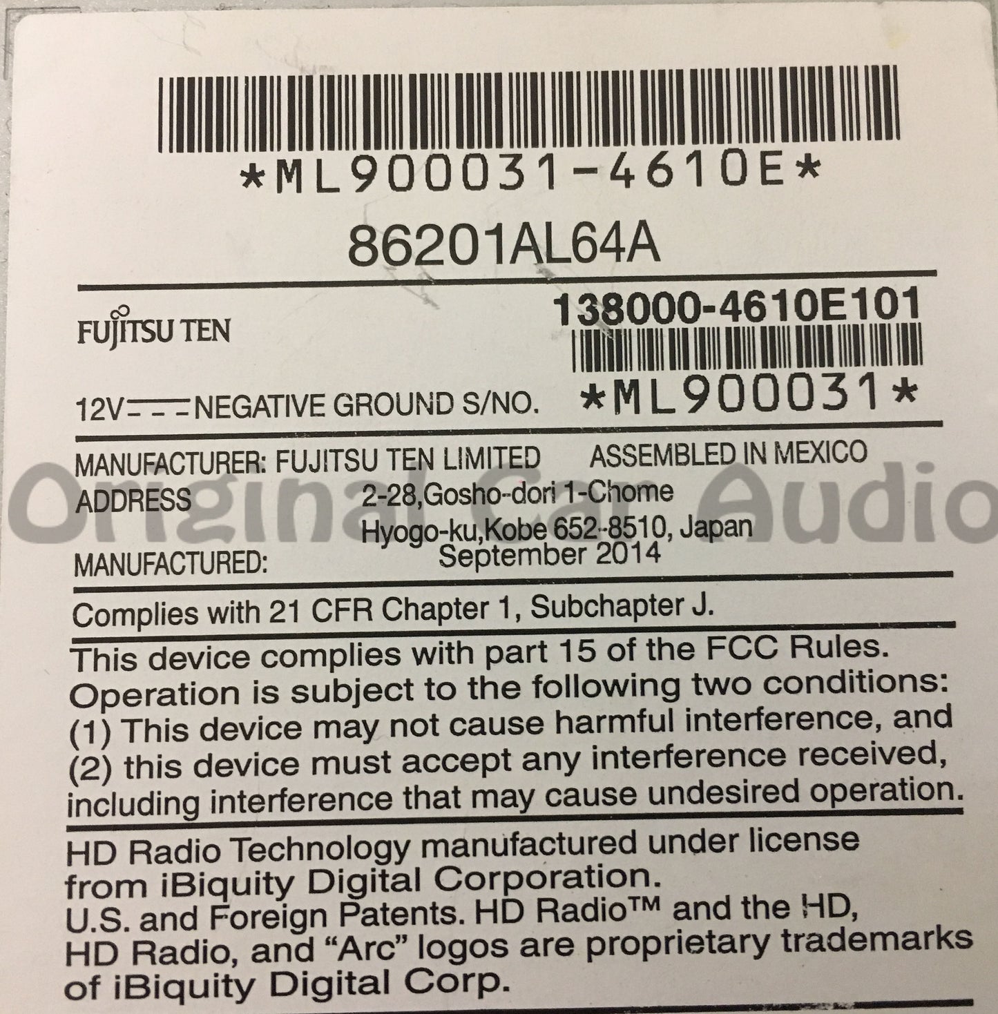2015 Subaru Legacy OEM Starlink HD Touch Screen 86201AL64A