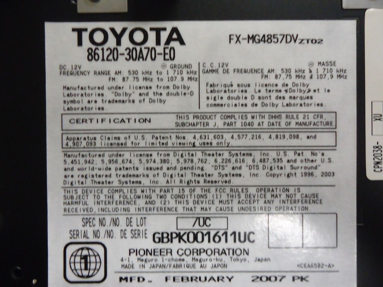 2007 LEXUS OEM Mark Levinson Stereo SAT Radio Tape Cassette CD Player P1504