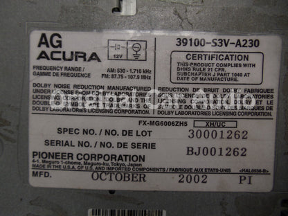 ACURA MDX Radio Stereo Tape 6 Disc Changer CD Player 3TF5 3TF3 BOSE 2001 2002 2003 2004 39100-S3V-A210, 39100-S3V-A220, 39100-S3V-A230, 39100-S3V-A240 01 02 03 04