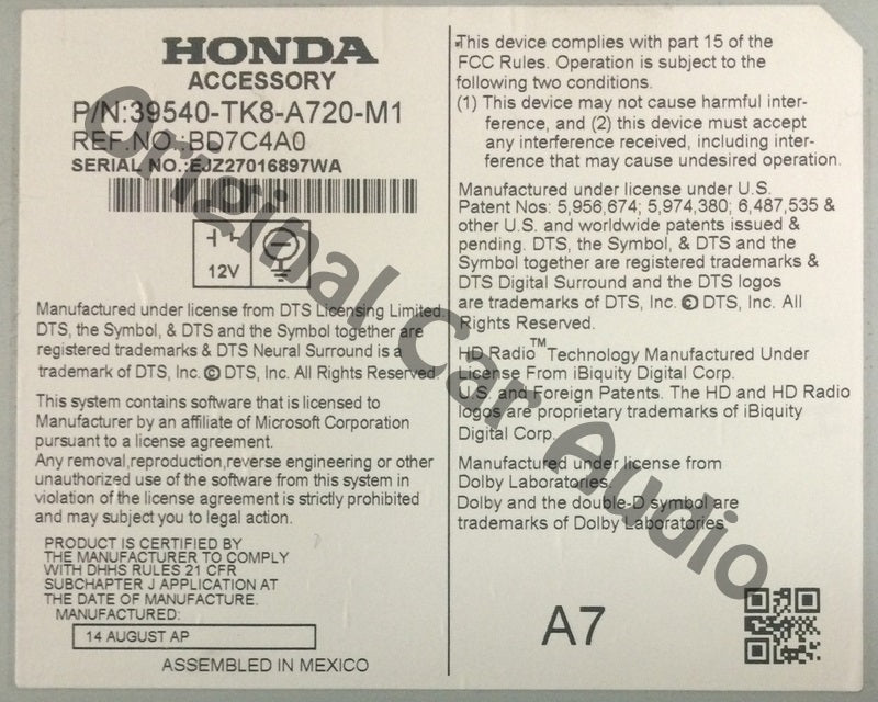 Honda ODYSSEY Touring Navigation Radio AUX CD Player