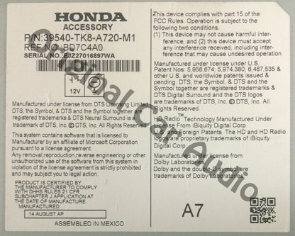 Honda ODYSSEY Touring Navigation Radio AUX CD Player