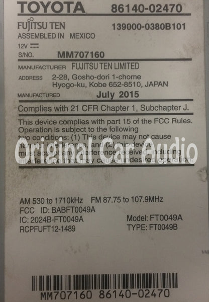 2014 2015 2016 TOYOTA COROLLA OEM HD AM FM XM Radio CD MP3 Player Touchscreen Bluetooth Receiver