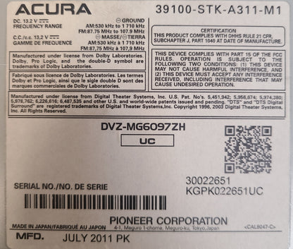 10 11 12 Acura RDX XM Radio DVD MP3 WMA 6 CD Disc Changer AUX 3PR2