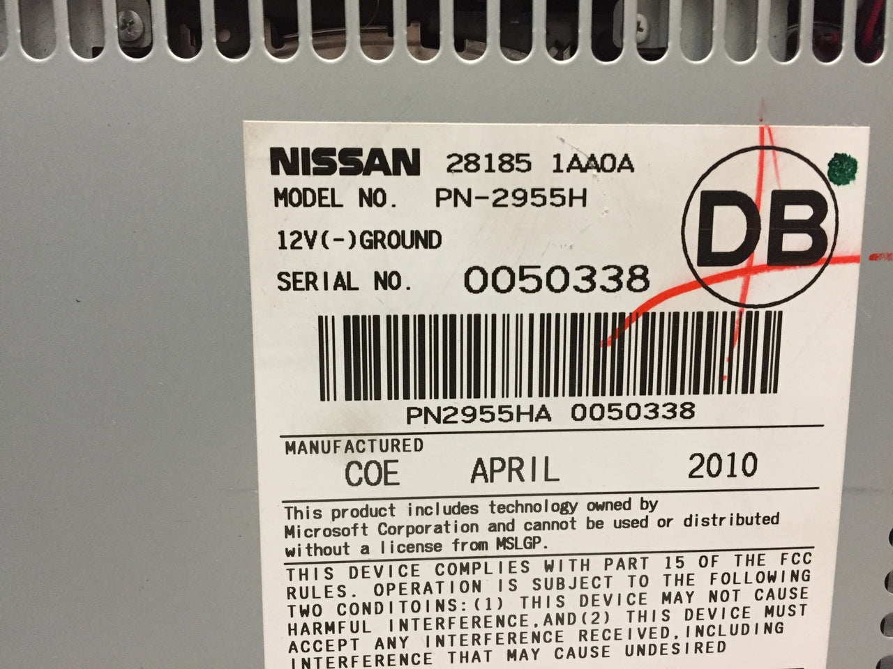 2009 - 2010 Nissan MURANO OEM AM FM Radio Stereo AUX MP3 6 Disc CD Changer Receiver CY25D, 28185 1AA0A, 281851AA0A, 28185-1AA0A, PN-2955H, PN 2955H, PN2955H