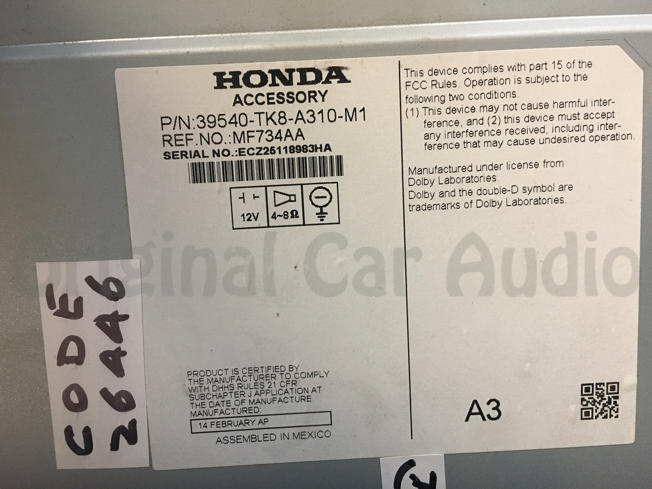 2014 - 2015 Honda Odyssey Touch Screen Aux CD Radio RSE Reaer Seat Entertainment 39540-TK8-A310-M1