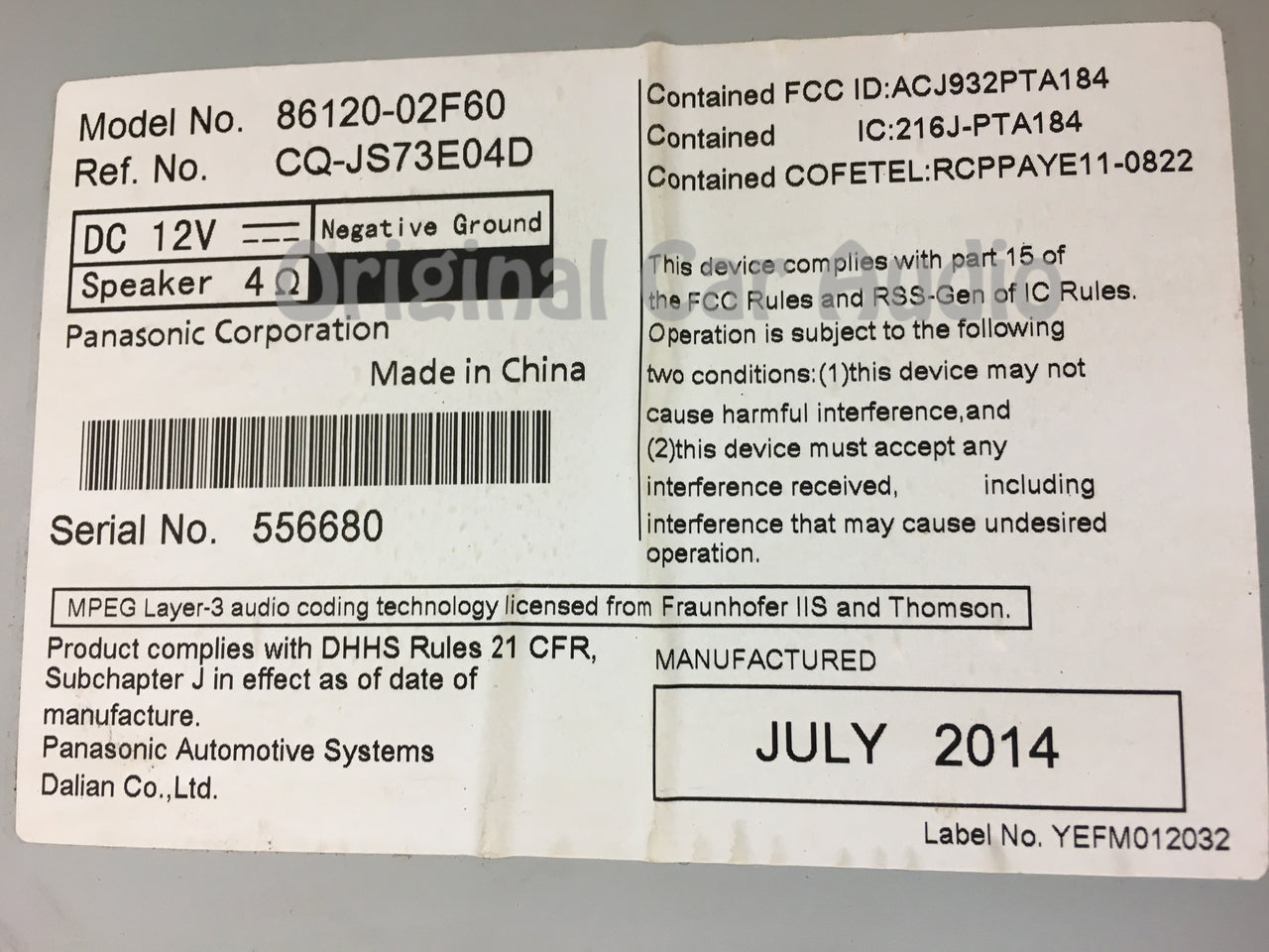 2014 2015 2016 Toyota Corolla OEM Radio CD Player Receiver 518C6
