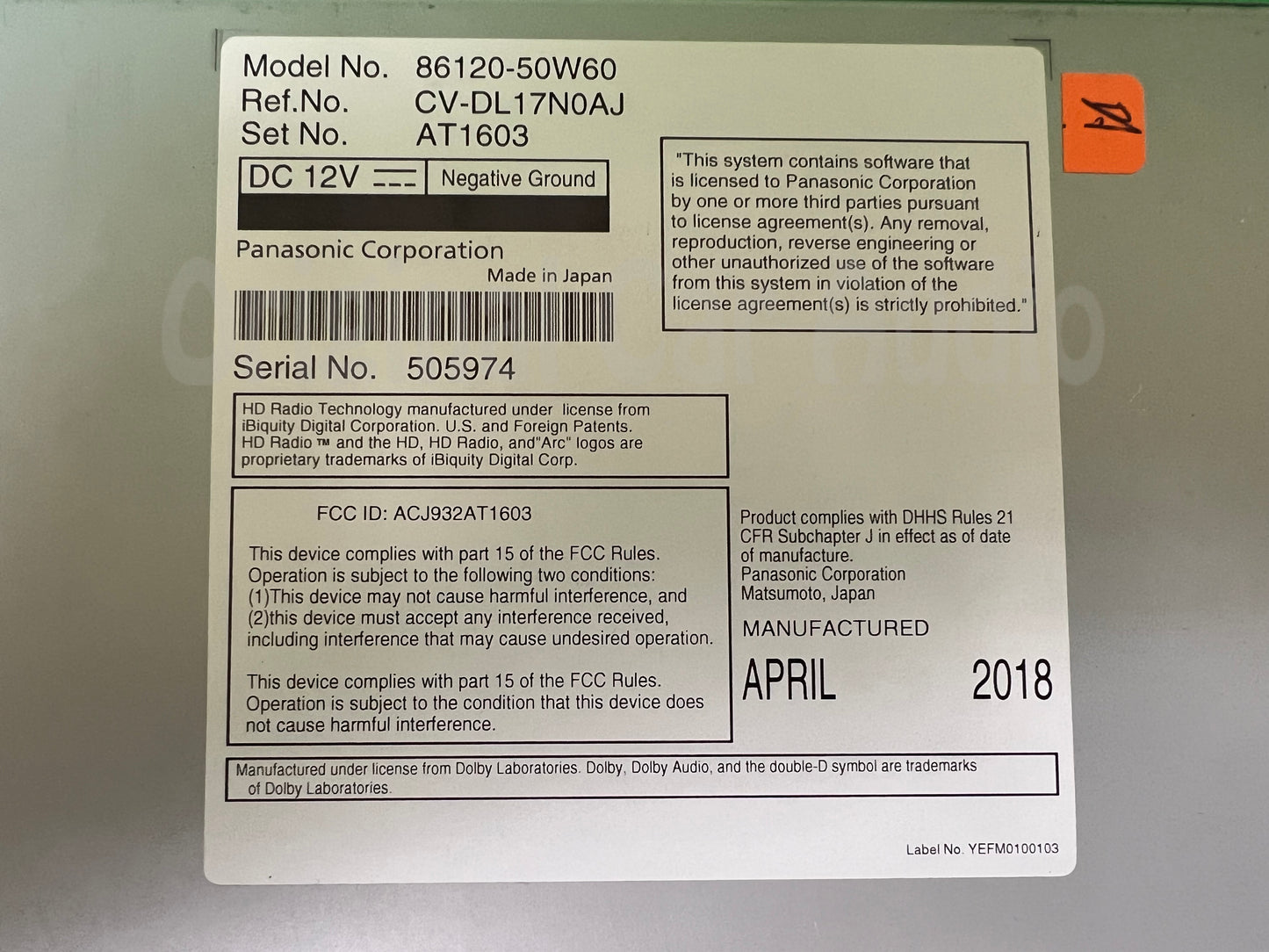 2018 - 2019 Lexus LS500 LS500H OEM Panasonic AM FM Navigation Radio Receiver