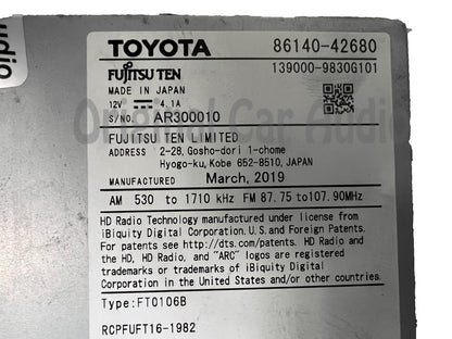 2019 - 2023 Toyota Rav4 OEM JBL Touch Screen Navigation Multi Media Apple Car Play Android Auto Radio Receiver