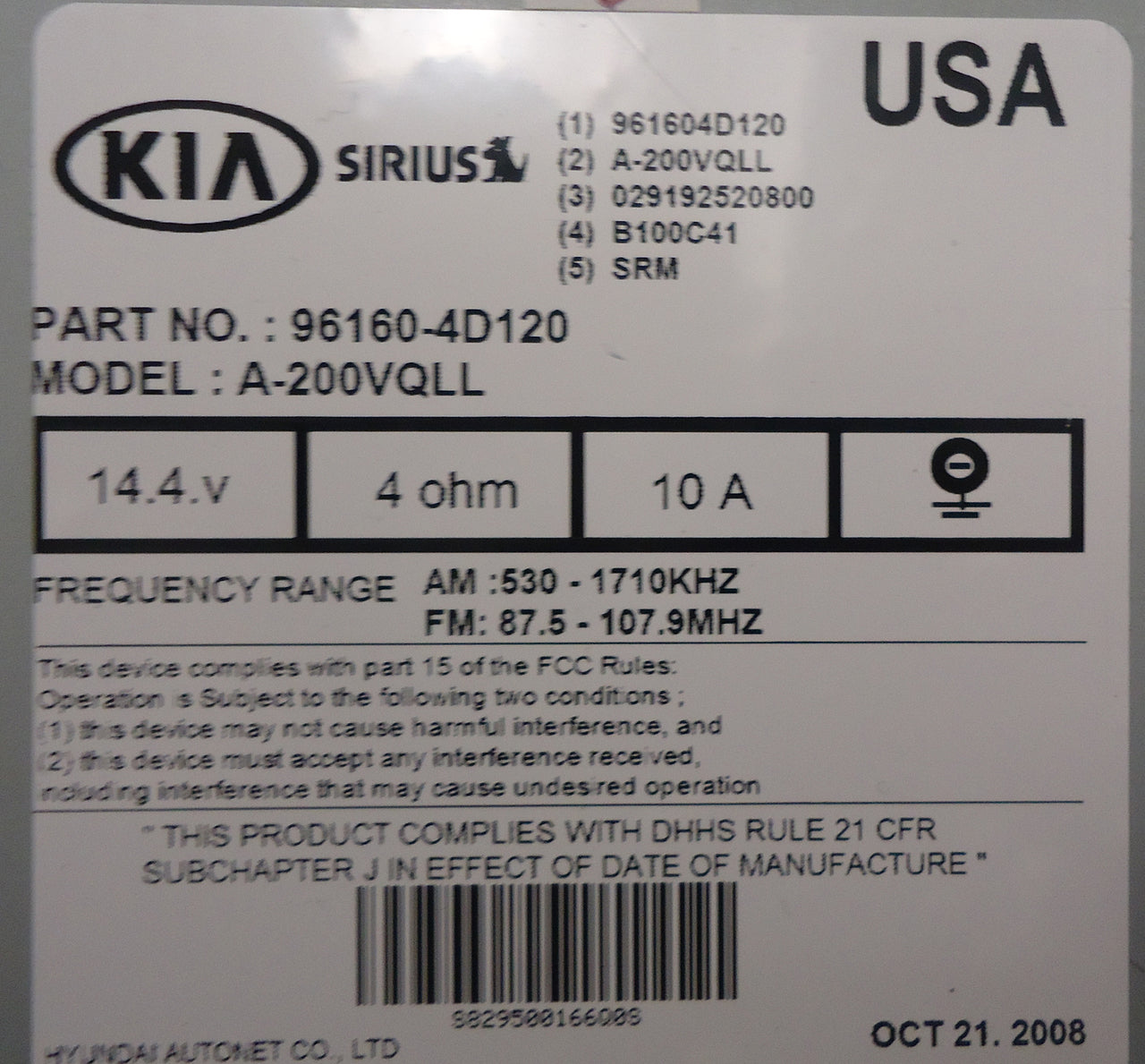 09 10 11 KIA Sedona OEM Sirius Sat Radio Stereo 96160-4D120