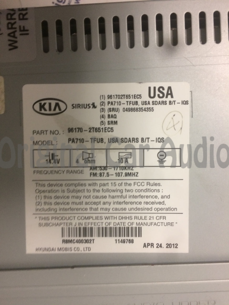 2011 - 2013 Kia Optima OEM Infinity Single CD AM FM MP3 SAT Radio DARK GREY