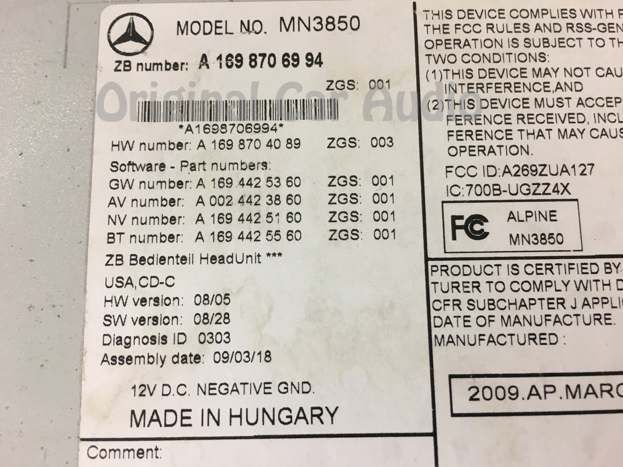 2009 - 2011 Mercedes B-Class B200 OEM AM FM Single CD Bluetooth Radio