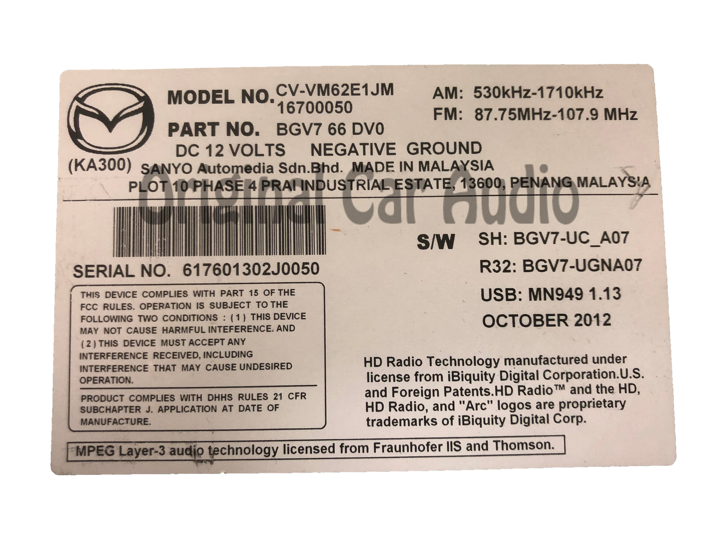 2012 - 2013 Mazda 3 Mazdaspeed 3 OEM BOSE Touch Screen Navigation Multi Media HD Radio Receiver
