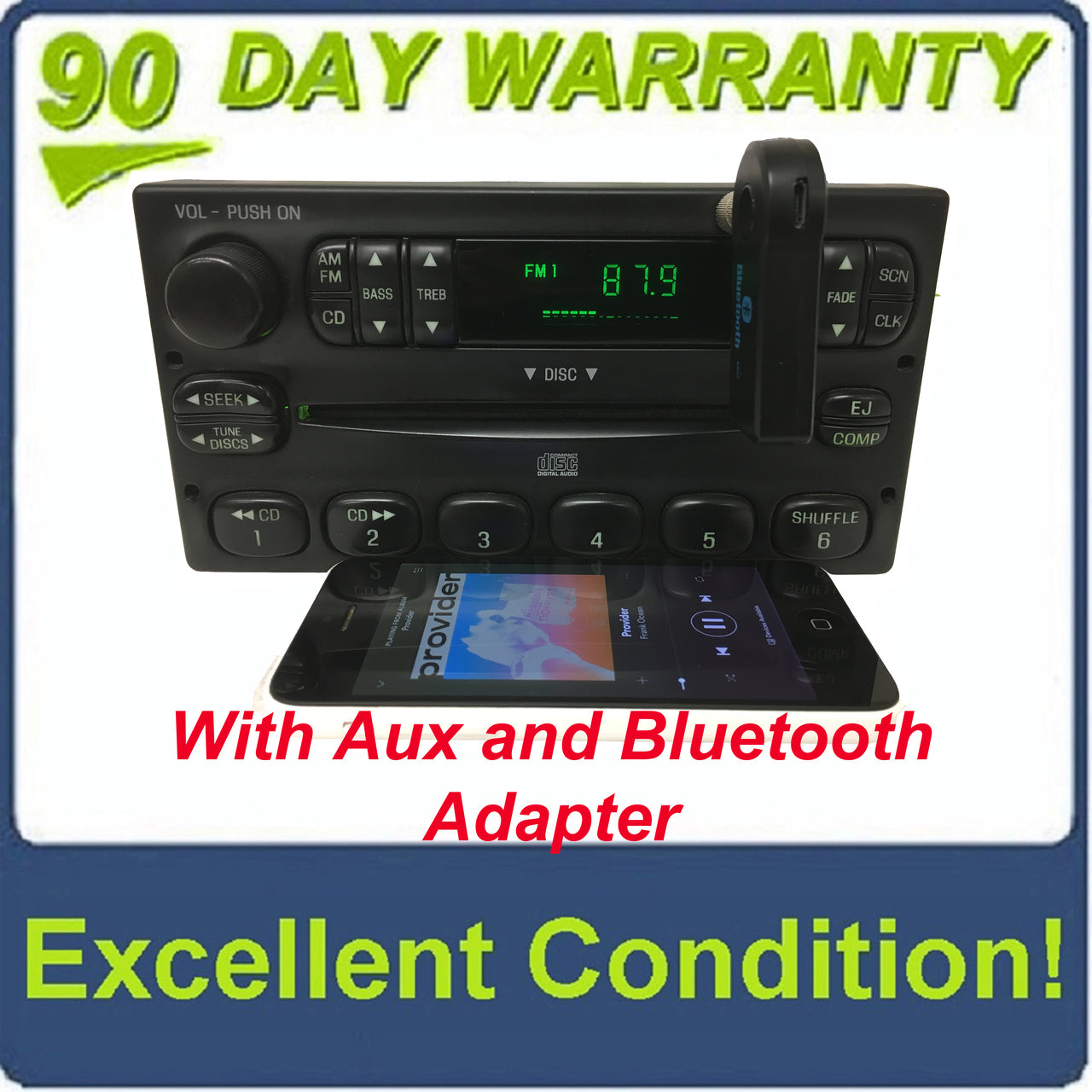 1998 - 2005 Ford Lincoln Mercury  Radio Single CD Player WITH ADDED AUX and Bluetooth Adapter