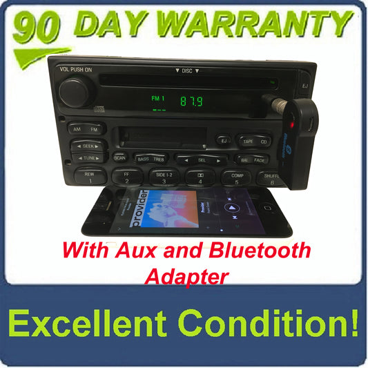 1998 - 2005 Ford Lincoln Mercury OEM Single CD  AM FM Radio WITH ADDED AUX and Bluetooth Adapter