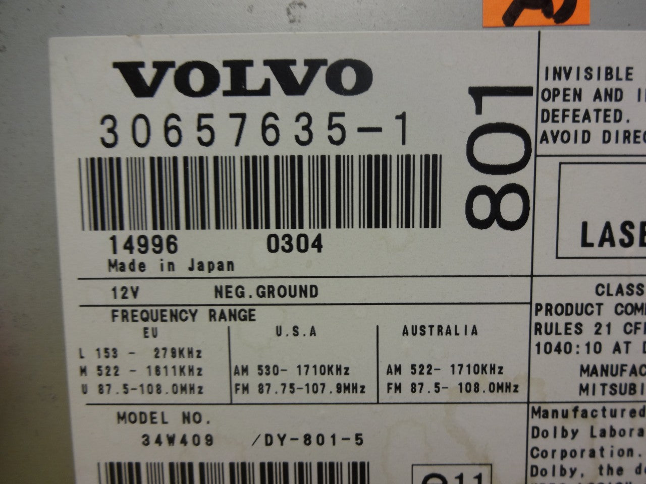 VOLVO S80 Radio Stereo 4 Disc Changer CD Player HU-801 1999 2000 2001 2002 2003 2004