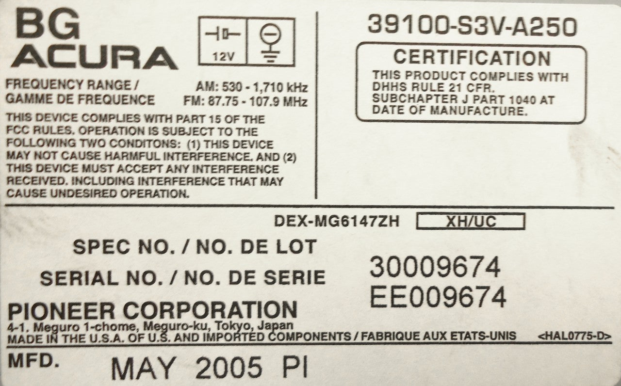 ACURA MDX XM Satellite Radio 6 Disc Changer CD Player 3TF7 39100-S3V-A250 39100-S3V-A260 2005 2006