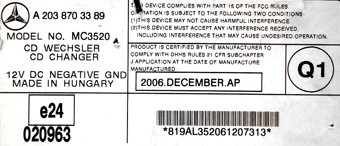 Mercedes-Benz Remote Slave 6 Disc Changer CD Player MC3520