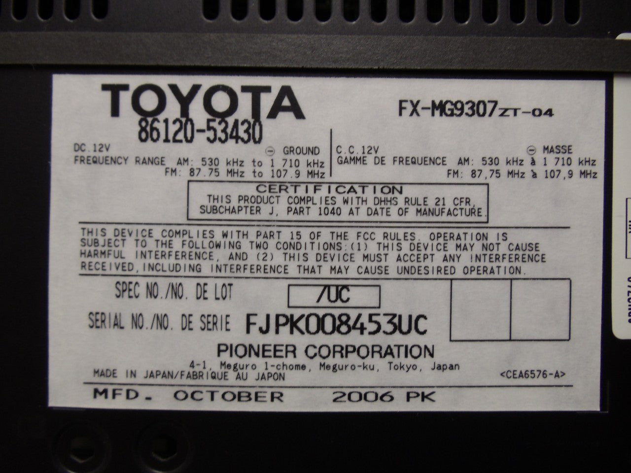 LEXUS IS250 IS-250 IS350 IS-350 IS-F Radio 6 Disc Changer CD Player SAT P1809 2006 2007 2008