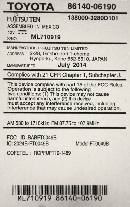 TOYOTA Camry Radio AUX USB Bluetooth CD Player 100201