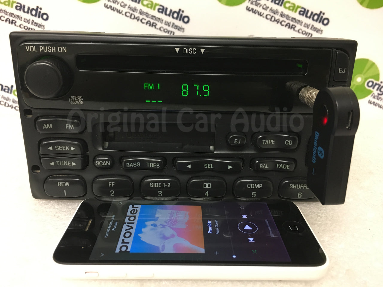 1998 - 2005 Ford Lincoln Mercury OEM Single CD  AM FM Radio WITH ADDED AUX and Bluetooth Adapter