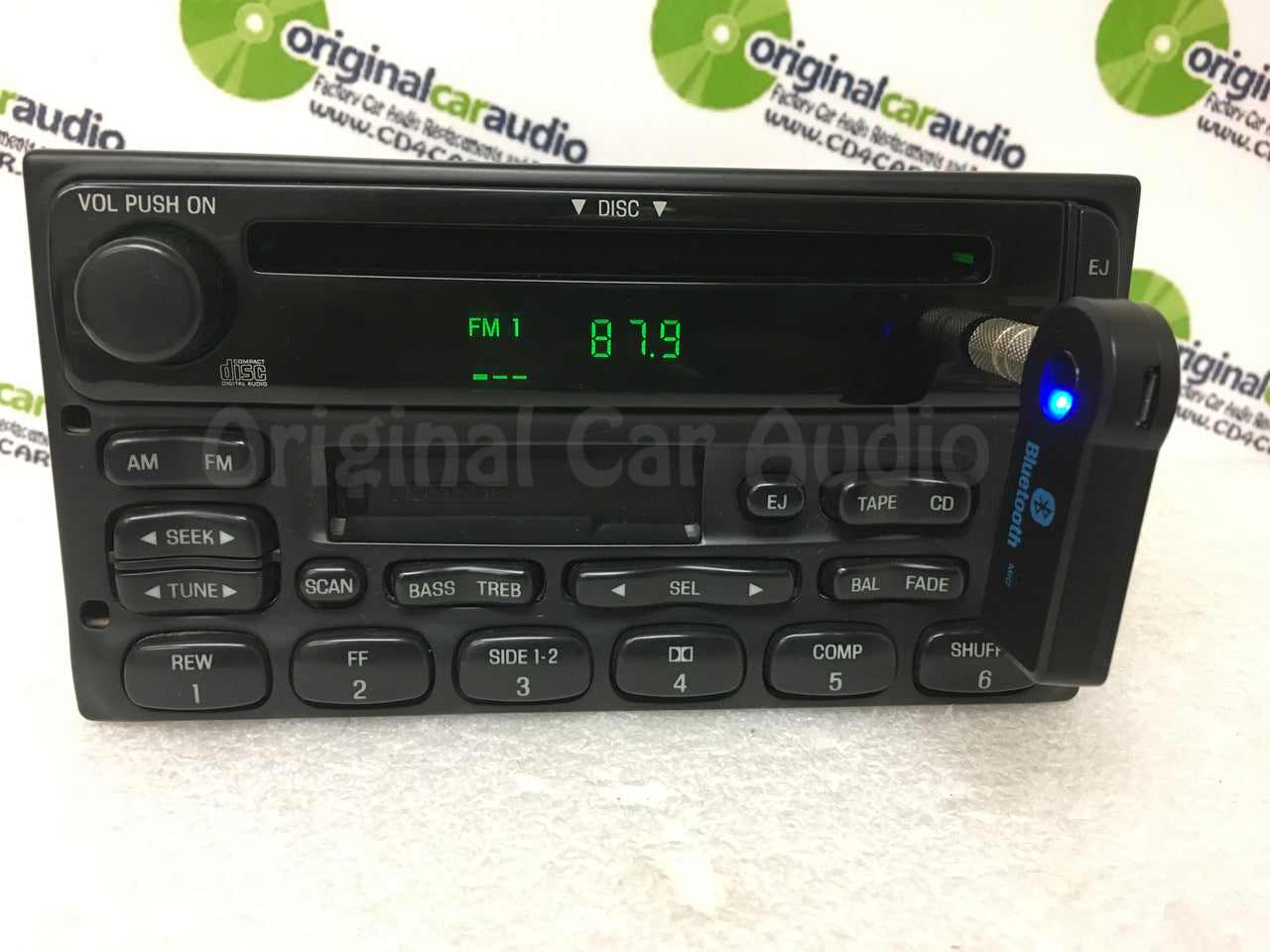 1998 - 2005 Ford Lincoln Mercury OEM Single CD  AM FM Radio WITH ADDED AUX and Bluetooth Adapter