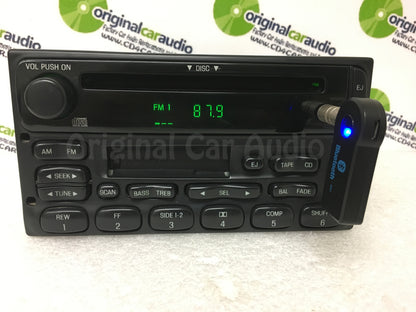 1998 - 2005 Ford Lincoln Mercury OEM Single CD  AM FM Radio WITH ADDED AUX and Bluetooth Adapter