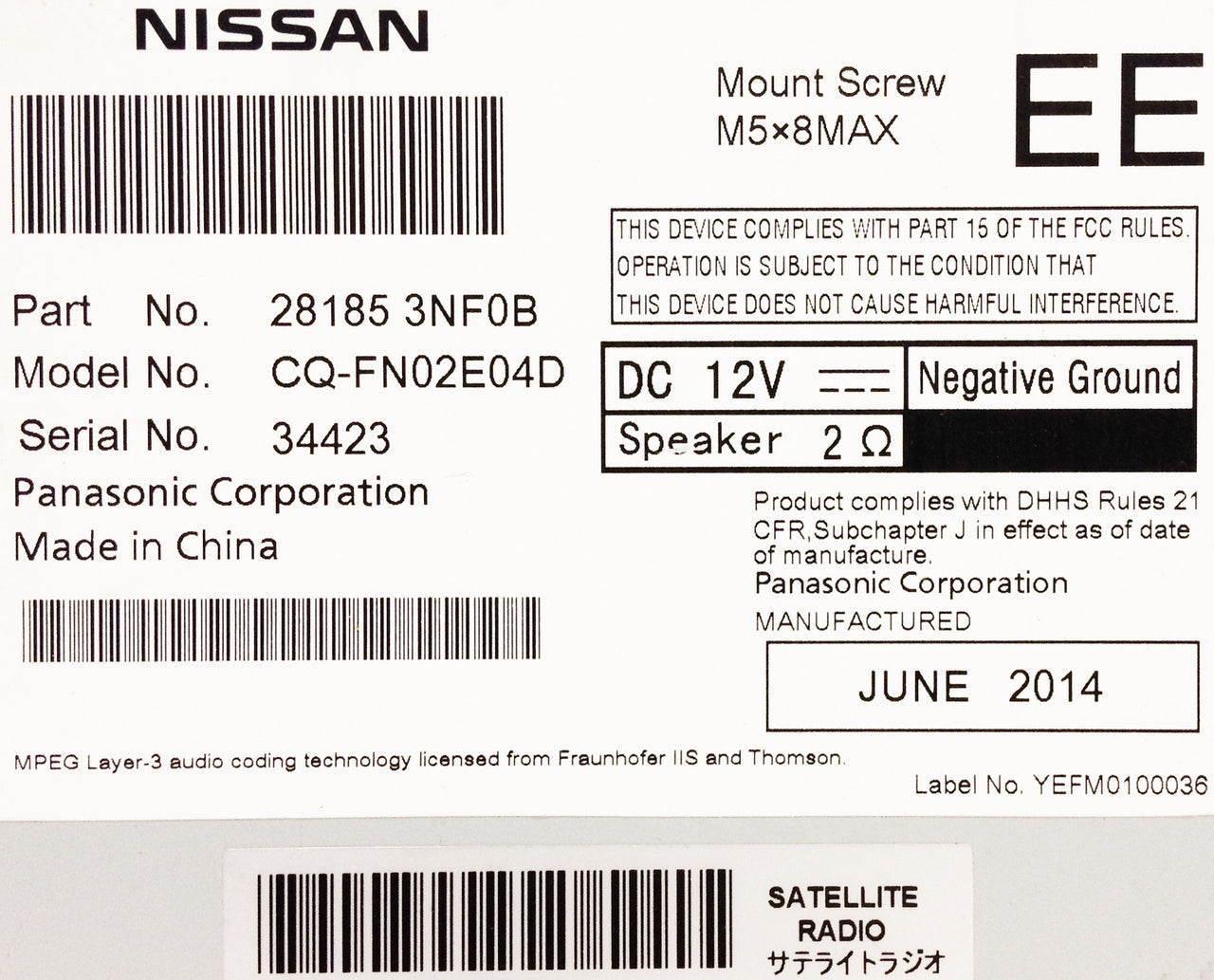 BRAND NEW 2013 2014 Nissan LEAF OEM Radio Stereo XM Bluetooth 4.3" color screen MP3/WMA CD Player 28185 3NF0B