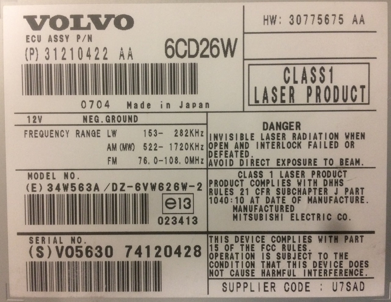 2007 2008 2009 2010 2011 2012 2013 2014 Volvo XC90 OEM 6 CD Player Receiver