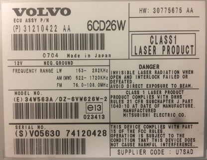 2007 2008 2009 2010 2011 2012 2013 2014 Volvo XC90 OEM 6 CD Player Receiver