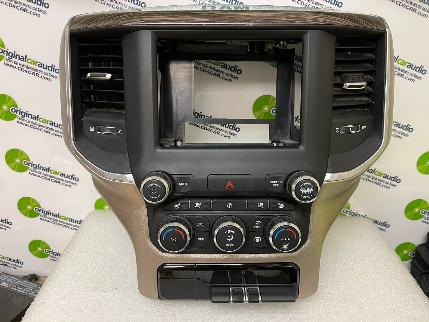 19-22 Dodge Ram Laramie New Body 8.4" Radio Bezel 5 option Buttons Gold Woodgrain